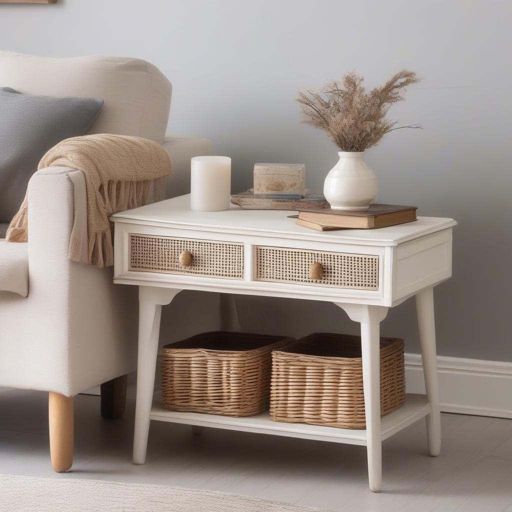 Antique White Wicker Side Table in a Living Room Setting