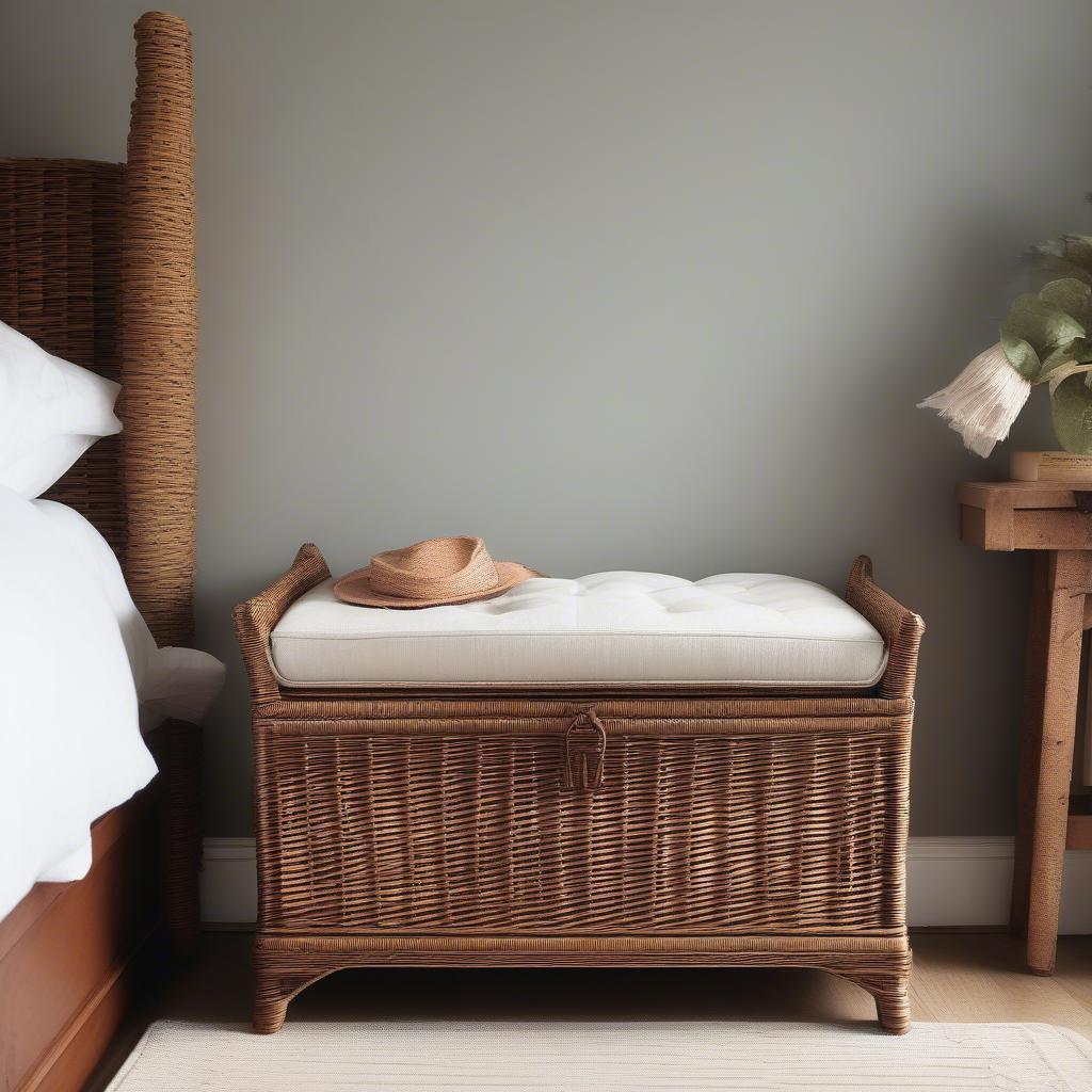 Antique wicker storage bench in a bedroom setting.