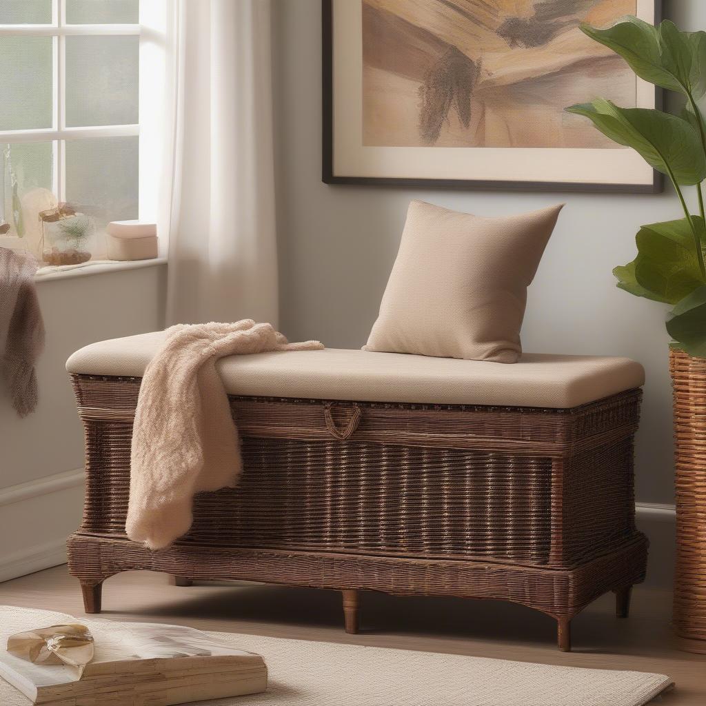 Antique wicker storage bench in a living room setting