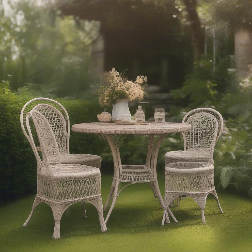 Antique Wicker Table and Chairs Set in a Vintage Garden