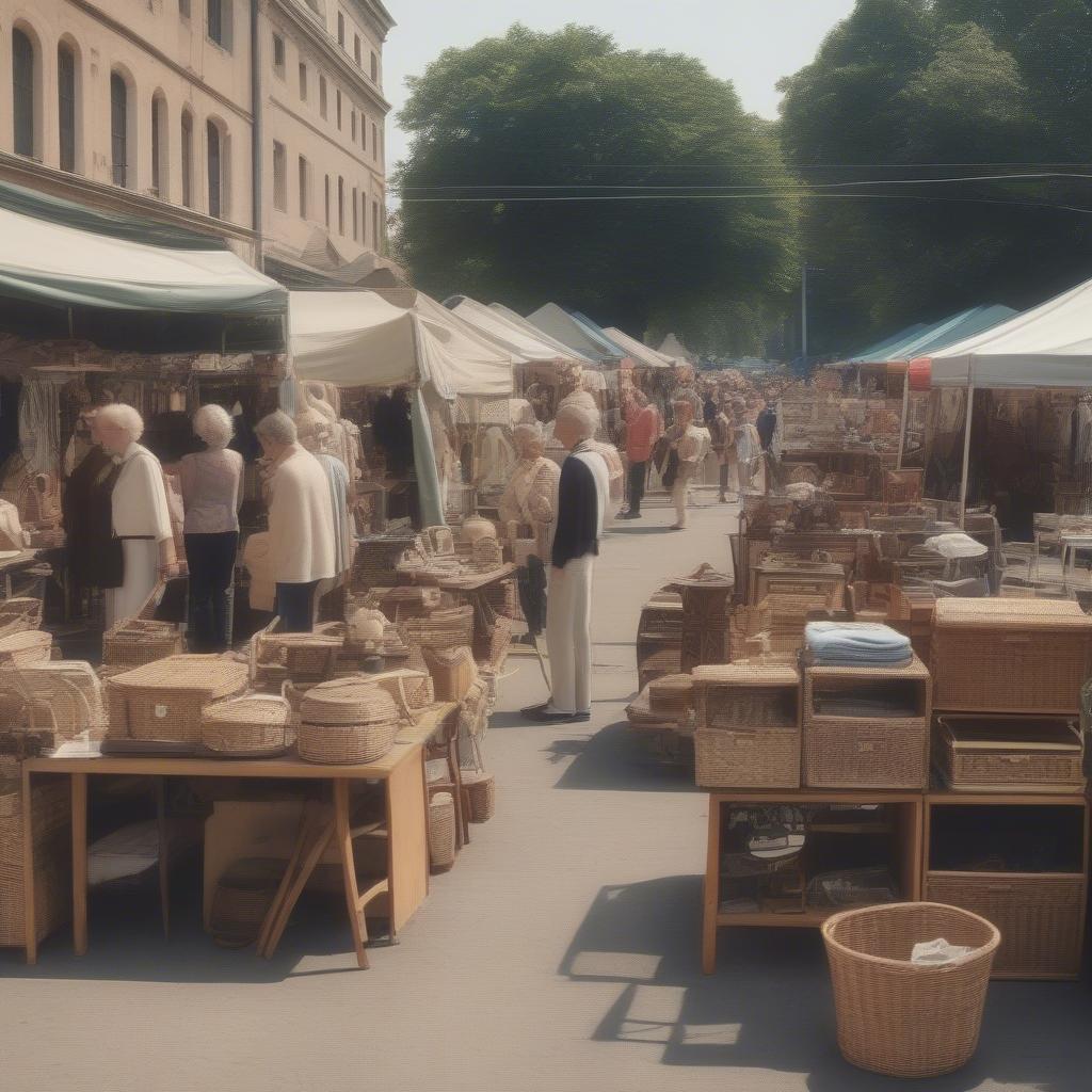 Searching for antique wicker towel holders at a flea market