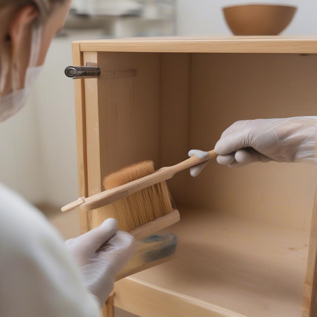 Applying finish to wicker cabinet