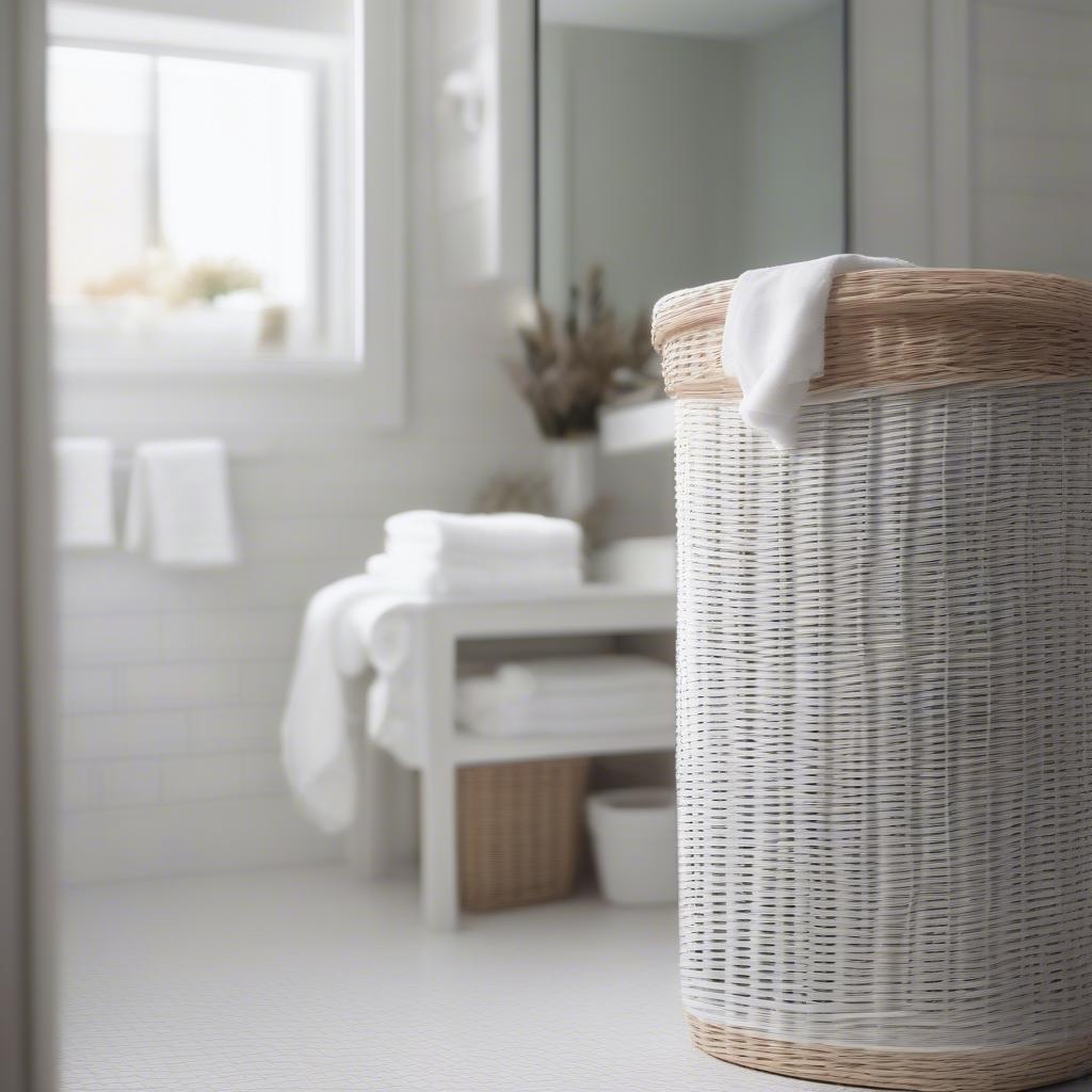 White wicker laundry hamper in a bathroom