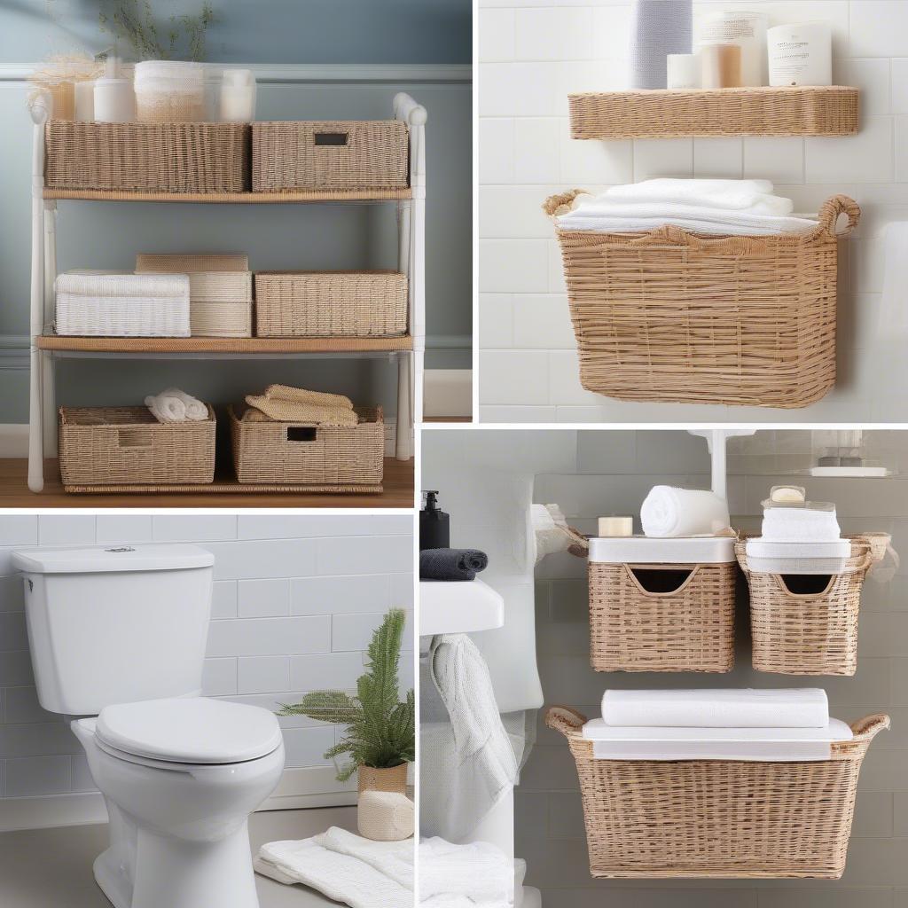 Various white wicker storage solutions in a bathroom