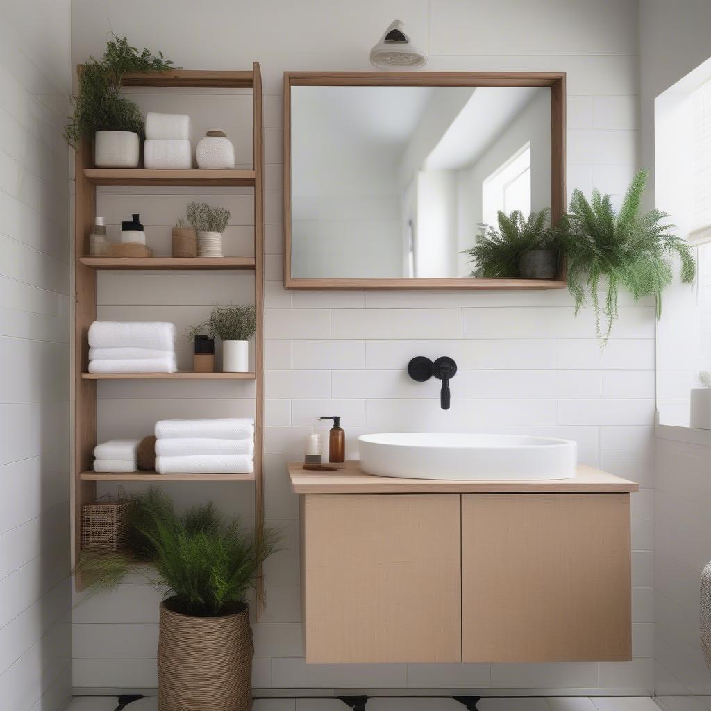 White wicker shelves in a modern bathroom