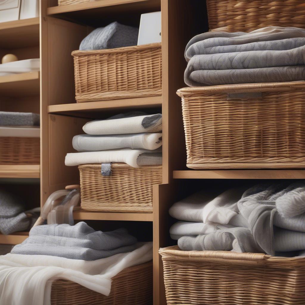 Organized items in an Argos wicker basket storage unit