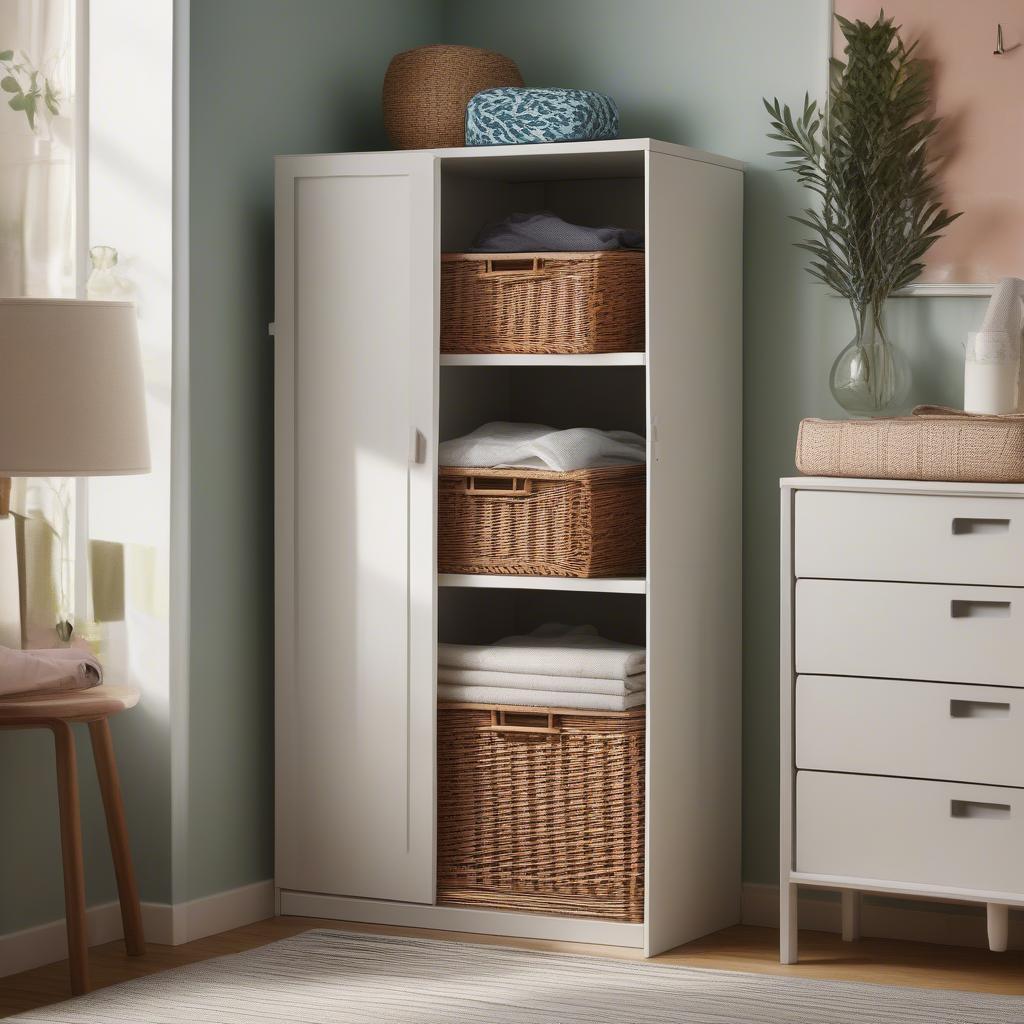 Argos wicker storage unit in a bedroom