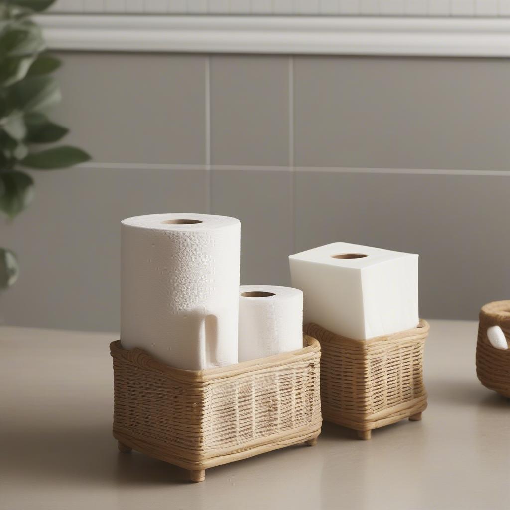 Argos wicker toilet roll holders in different bathroom settings