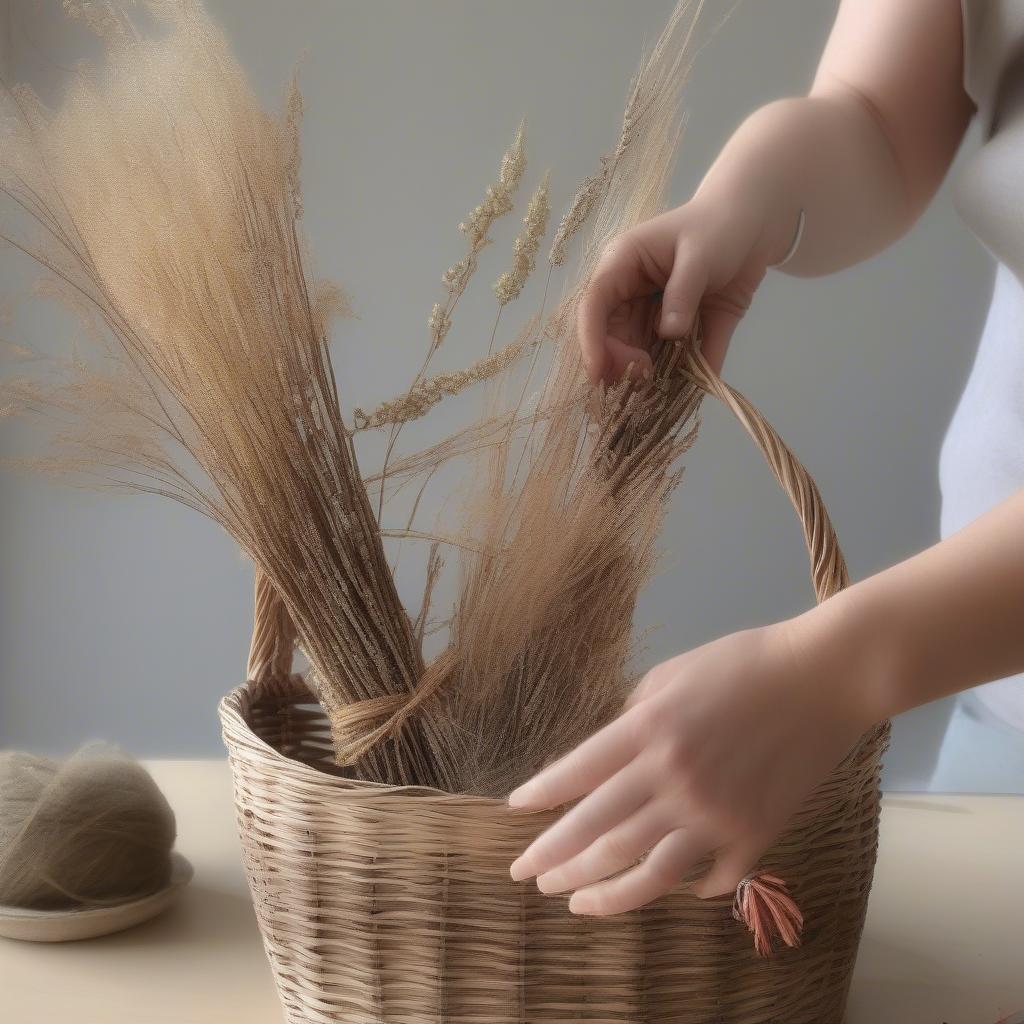 Arranging Pussy Willows in a Tall Wicker Basket