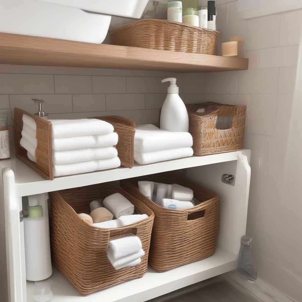 Arrow weave wicker baskets used for storage in a bathroom.