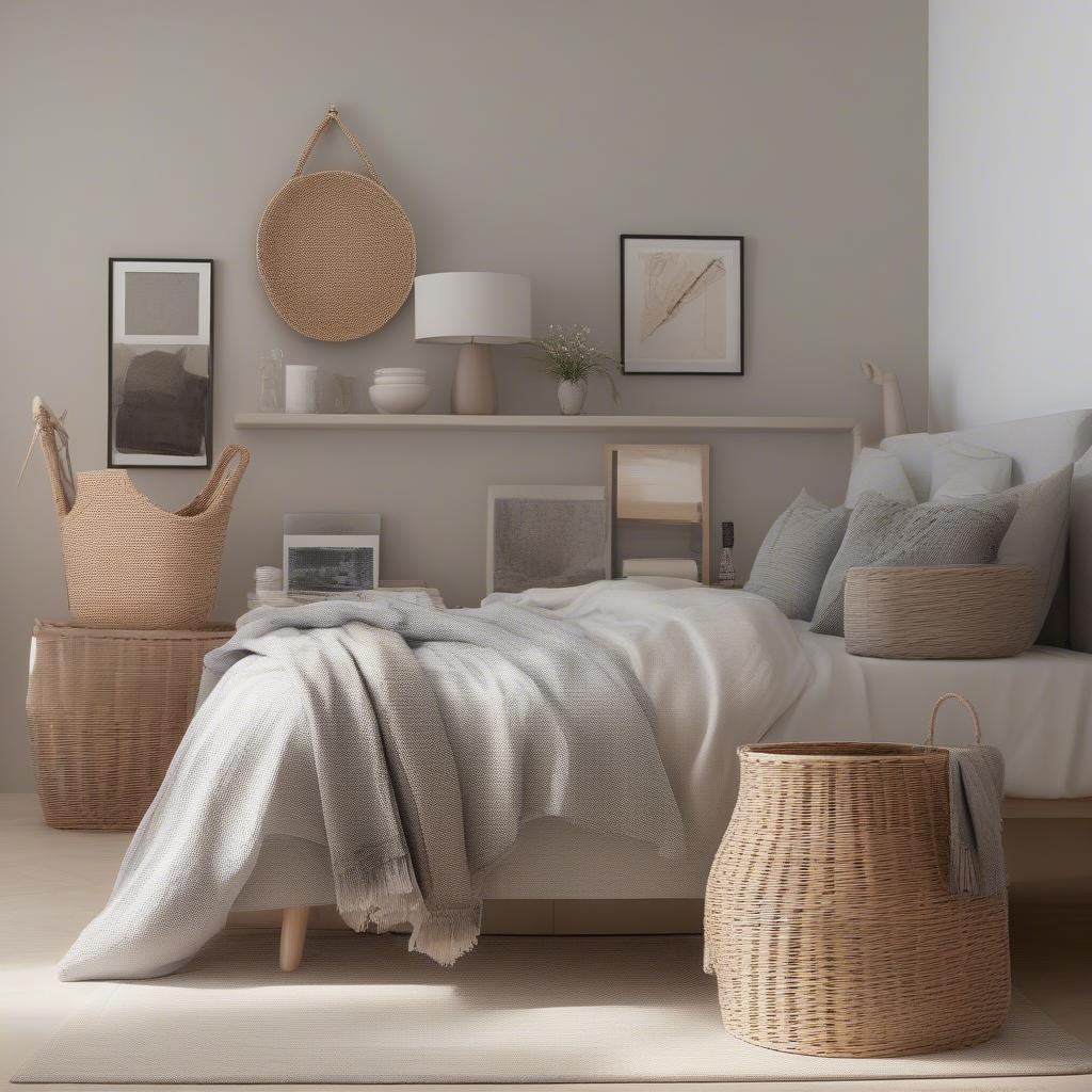 Arrow weave wicker baskets used for storage in a bedroom.