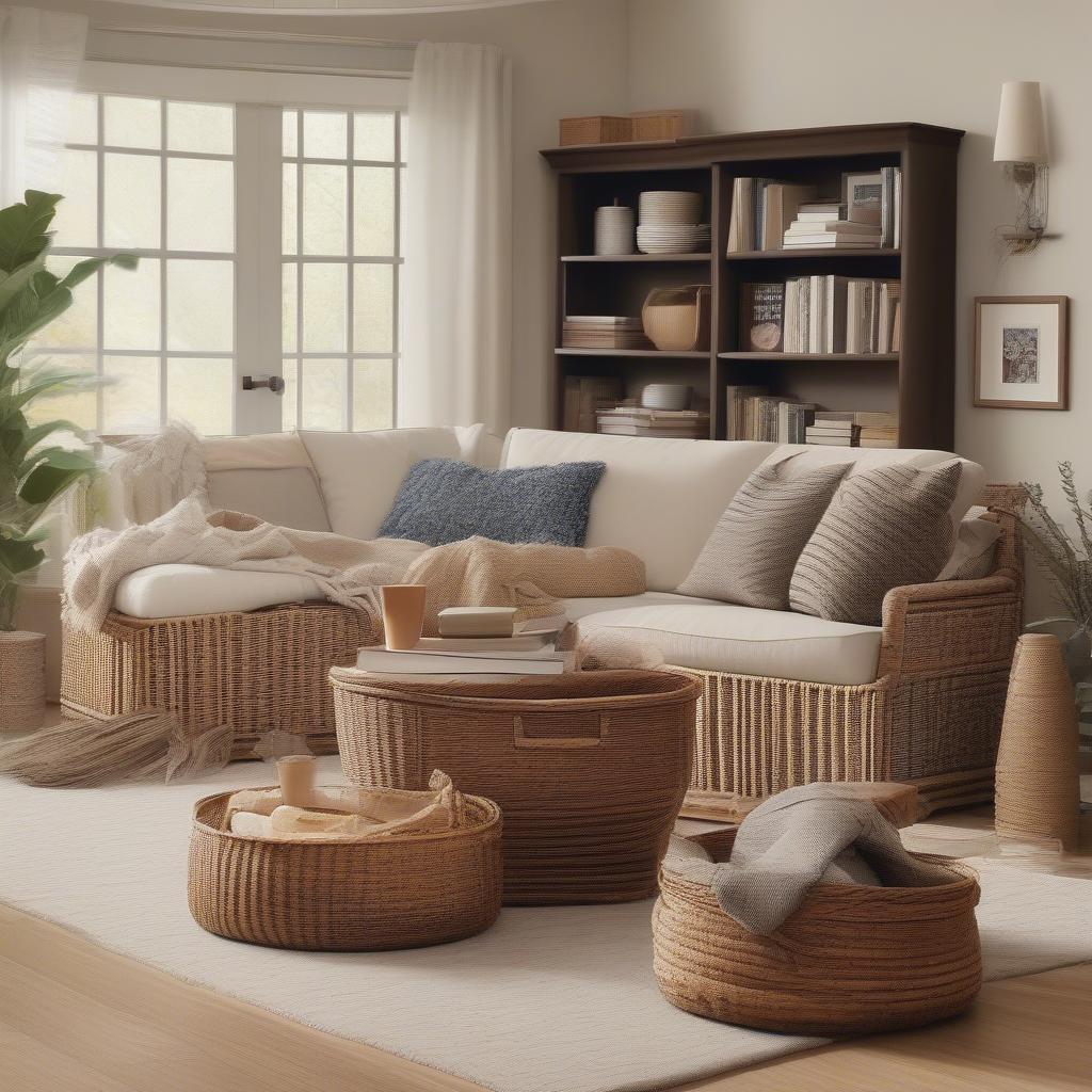 Arrow weave wicker storage baskets in a living room setting