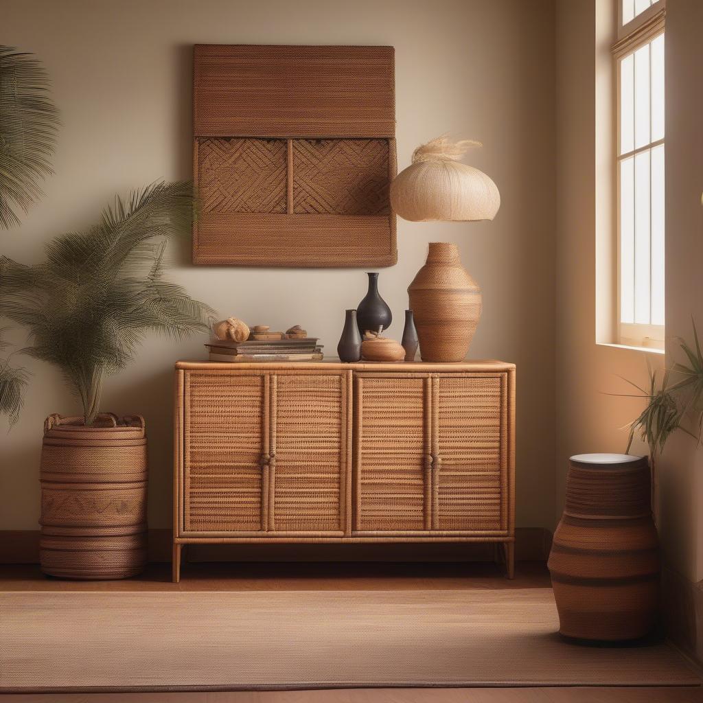 Art Leon rattan wicker cabinet placed in a bohemian style living room.