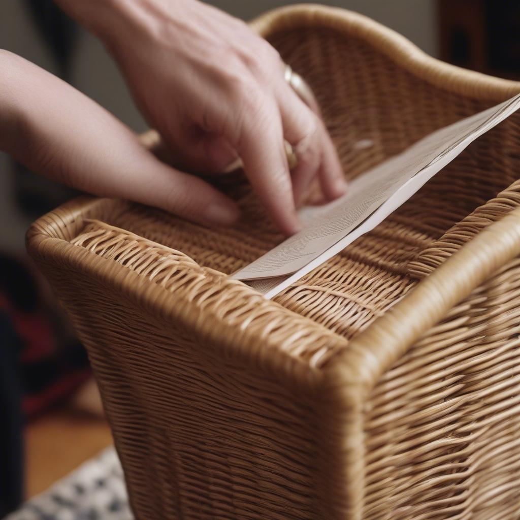 Checking the Condition of a Vintage Wicker Magazine Holder