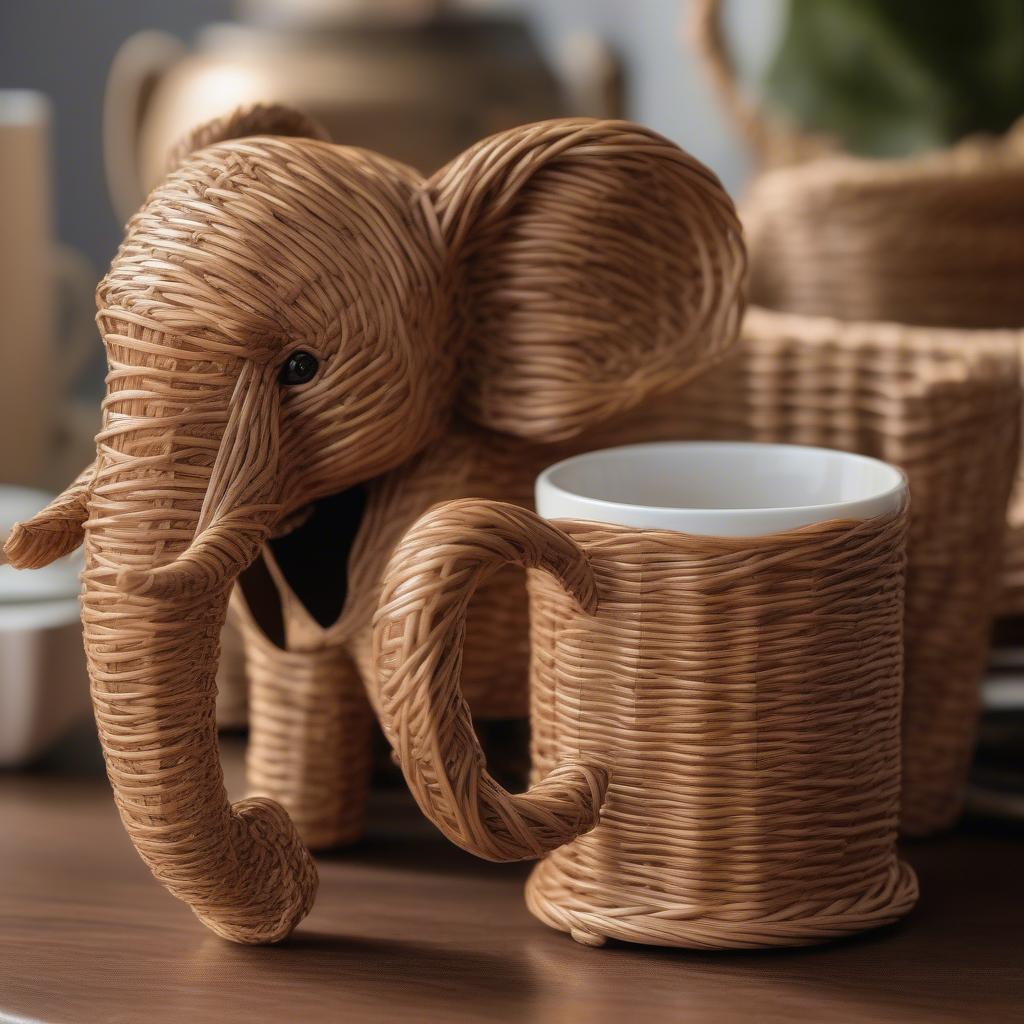 Close-up view of an Avon elephant wicker coffee cup holder