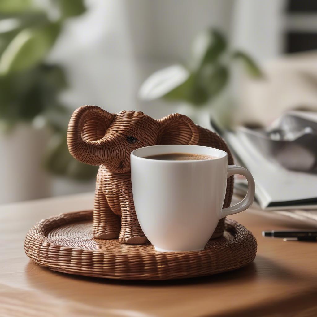 Avon elephant wicker coffee cup holder in use with a coffee mug.