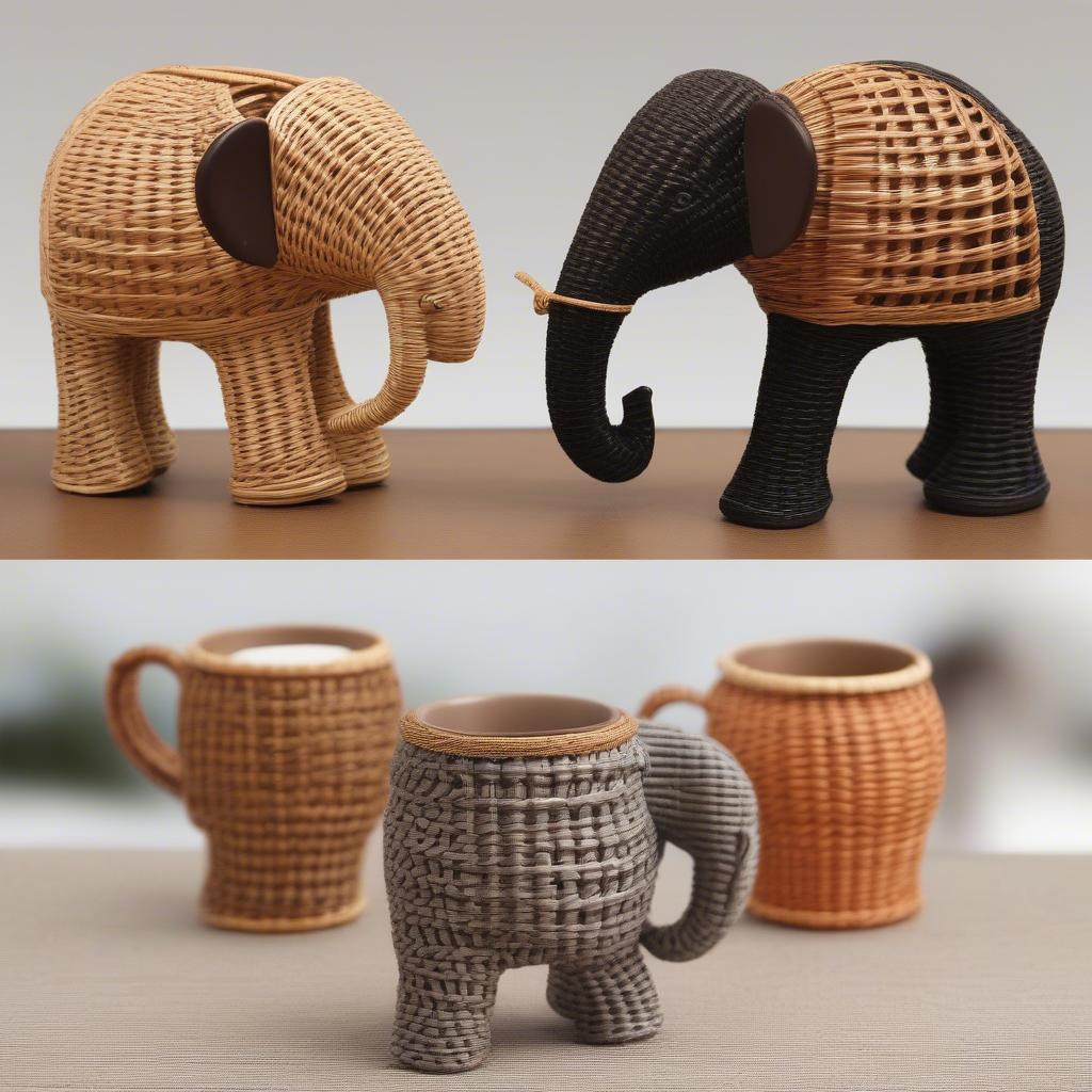 Different variations of the Avon elephant wicker coffee cup holder