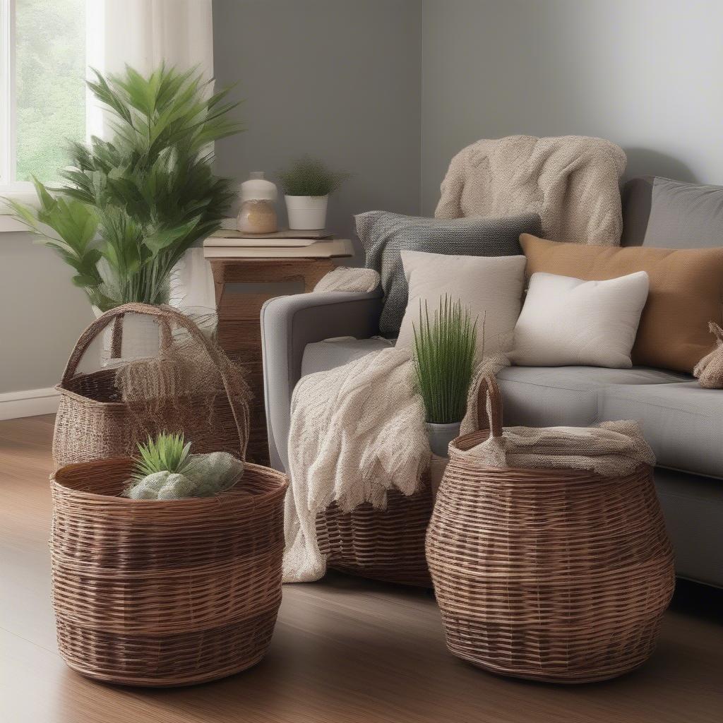 B and M wicker storage baskets used as decorative elements in a living room setting.