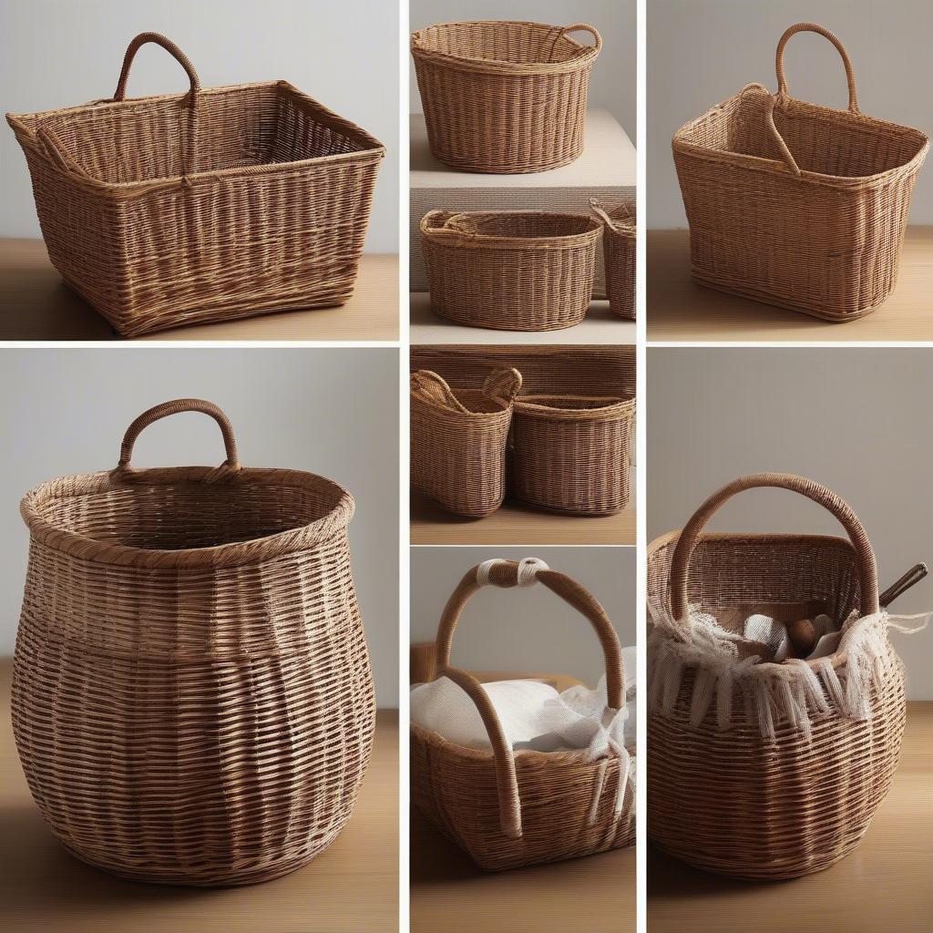 Various B and M wicker storage baskets showcased in different sizes and styles.