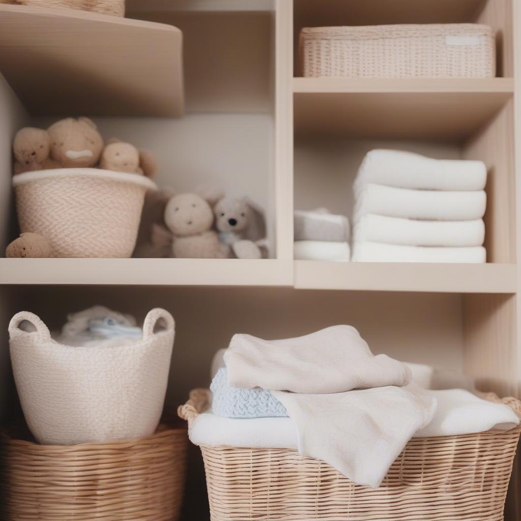 Baby wicker storage baskets neatly organizing baby clothes and toys in a bright, airy nursery.