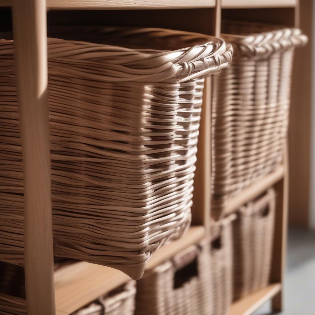 Close-up of Wicker Baskets in Badger Basket Wooden Storage Cabinet Espresso