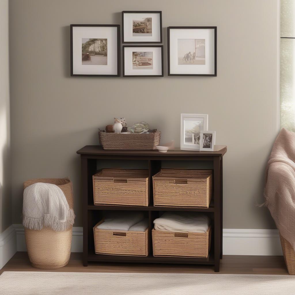 Badger Basket Espresso Storage Unit Wicker Baskets in a Living Room Setting