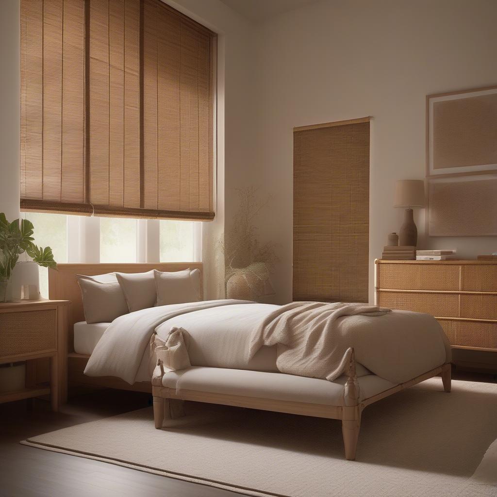 Bamboo wicker blinds installed in a bedroom, creating a relaxing and private space.