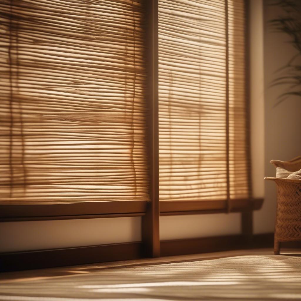 Bamboo wicker blinds in a living room setting, providing filtered light and a warm ambiance.