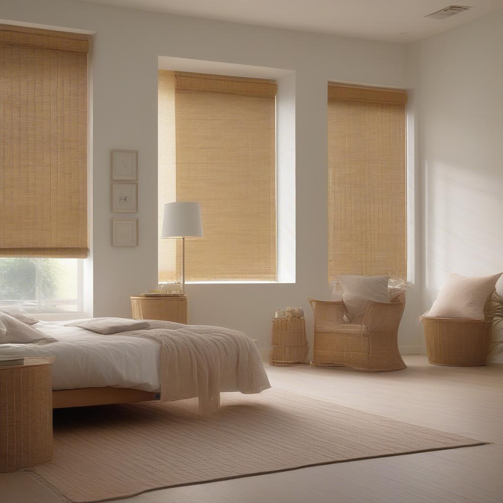 Bamboo wicker roller blinds create a serene atmosphere in a bedroom.