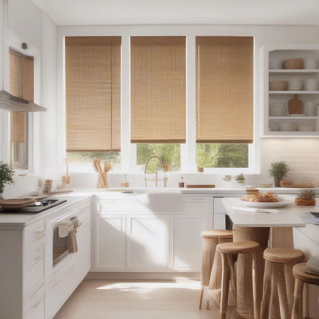 Bamboo wicker roller blinds provide a light and airy feel in a kitchen setting.