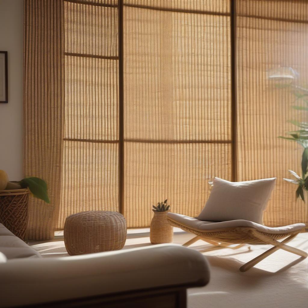 Bamboo wicker roller blinds add a touch of natural elegance to a modern living room.