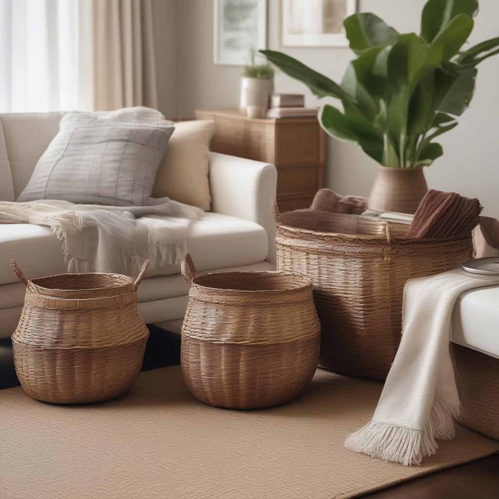 Banana Leaf Wicker Storage Baskets in a Living Room