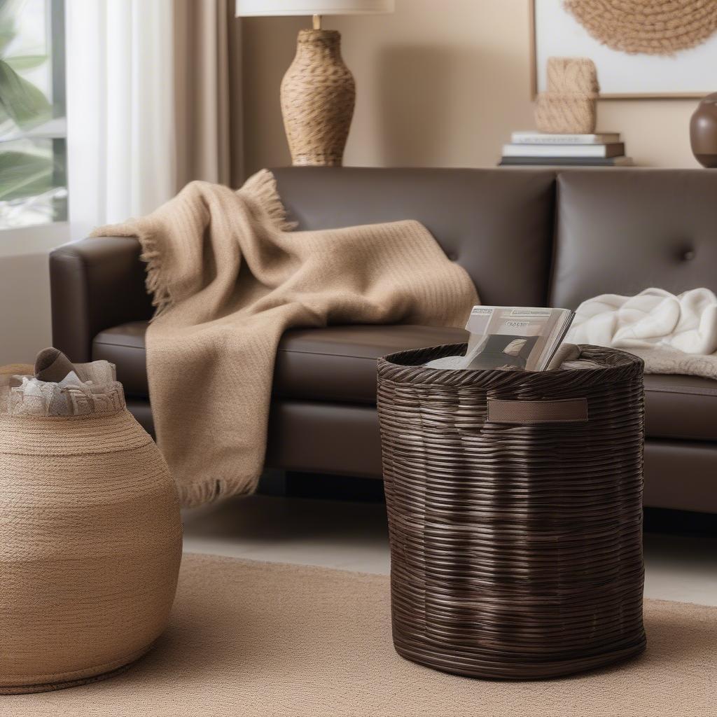 Banana Leaf Wicker Storage Bins in a Living Room Setting