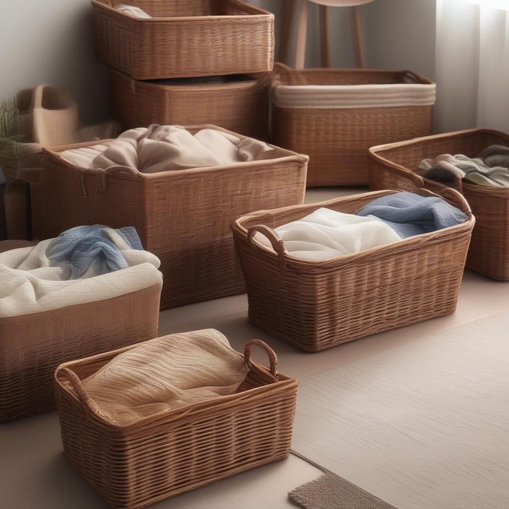 Different sizes of wicker storage baskets