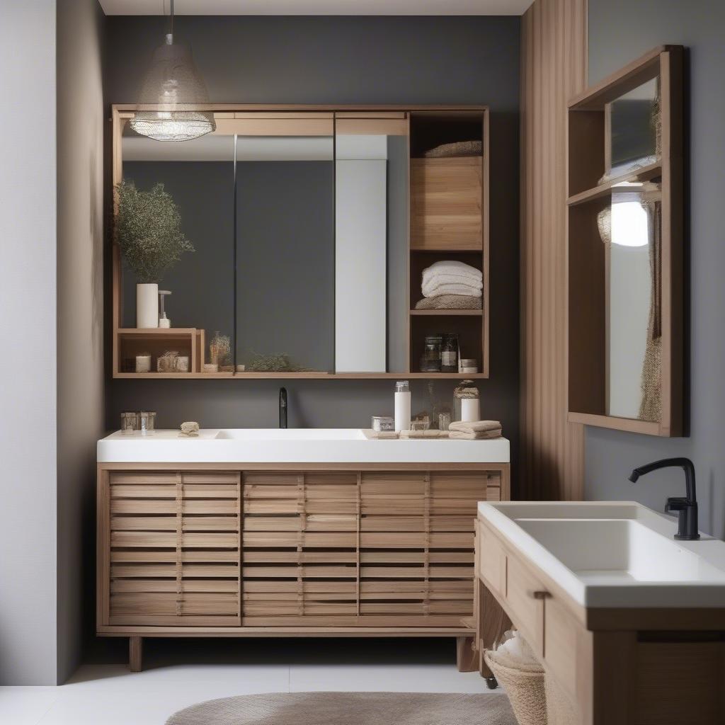 Different Sizes of Bathroom Cabinets with Mirror and Wicker Accents