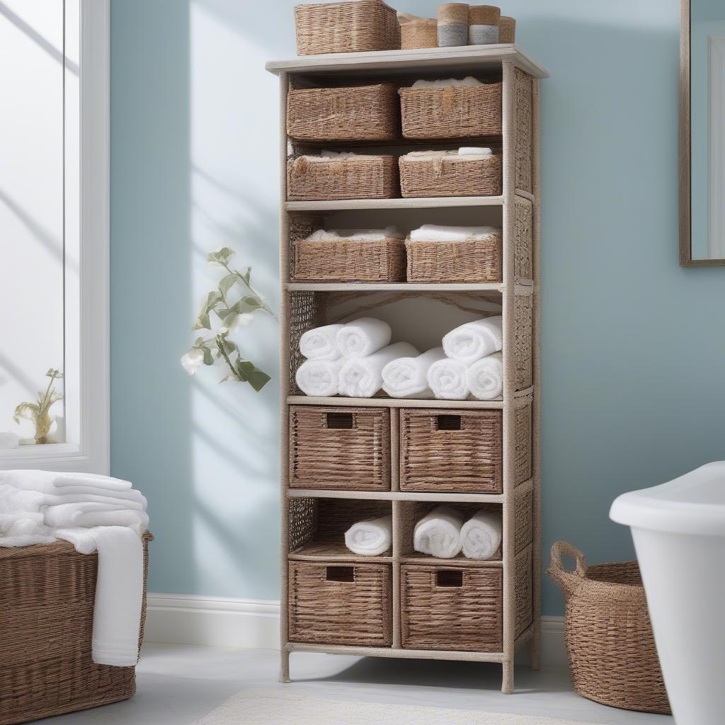 Bathroom cabinet with wicker baskets providing stylish storage.