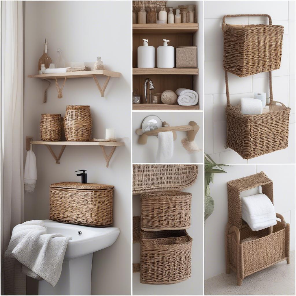 Various wicker storage ideas for organizing a bathroom, including over-the-toilet units and baskets.