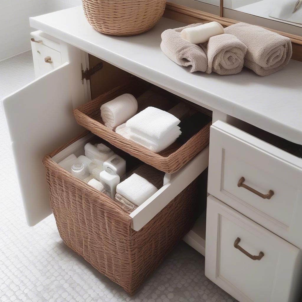 Sliding wicker baskets storing towels and toiletries in a bathroom cabinet