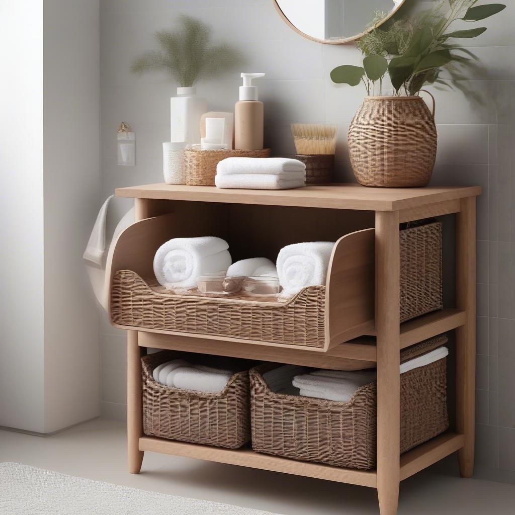 Open wicker drawers in a bathroom vanity revealing neatly organized toiletries and towels.