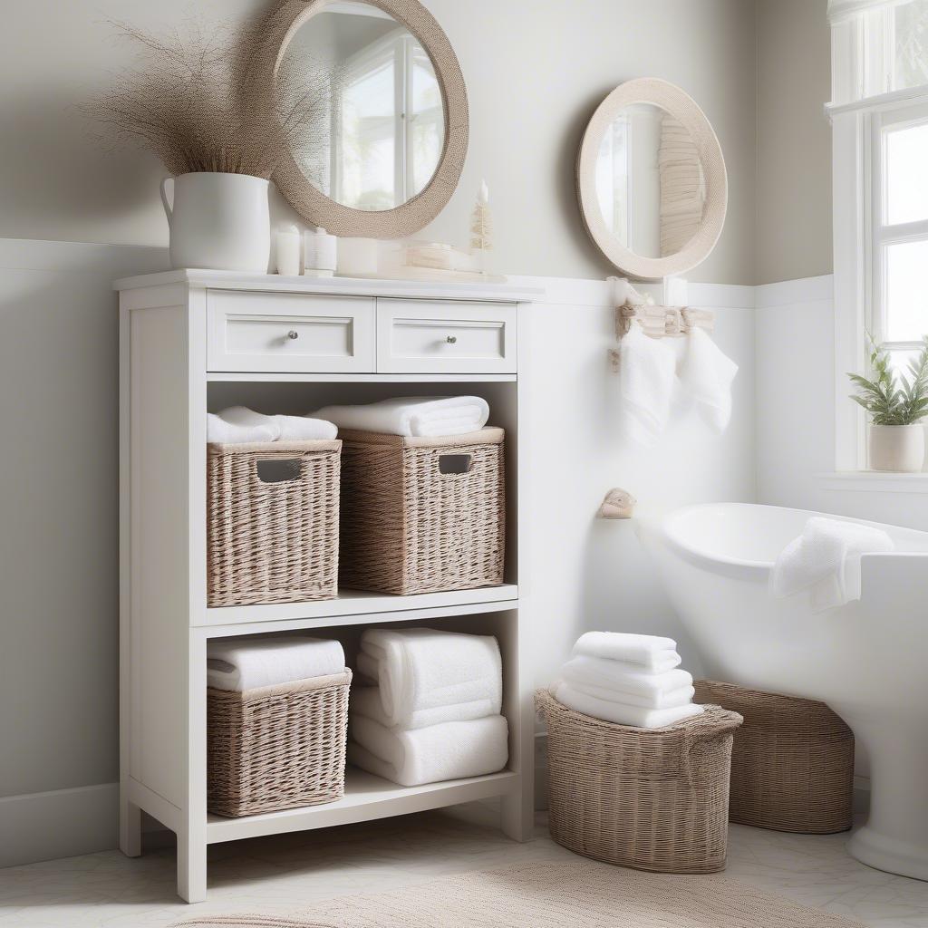 Bathroom White Wicker Storage Cabinet