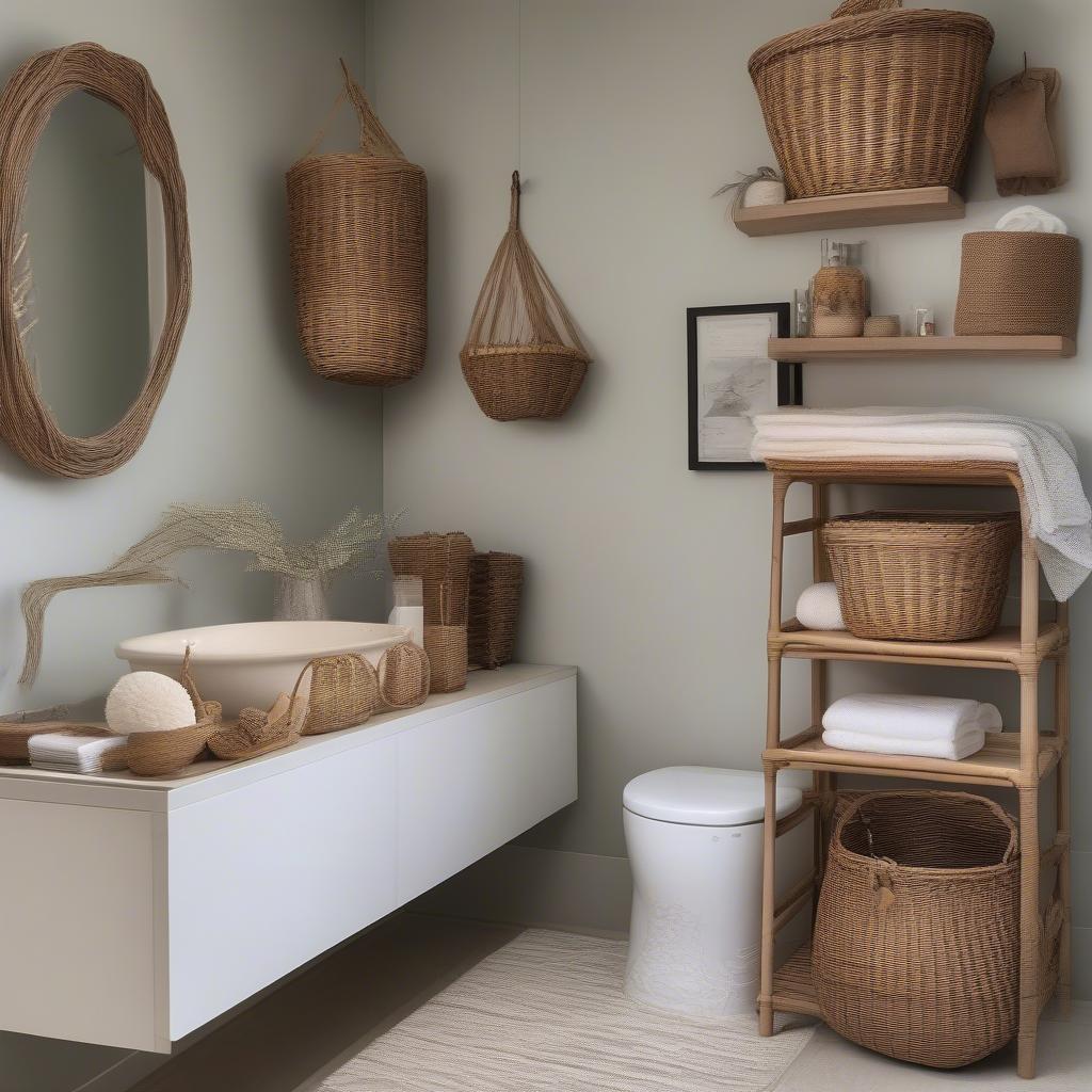 Hanging wicker baskets in a bathroom