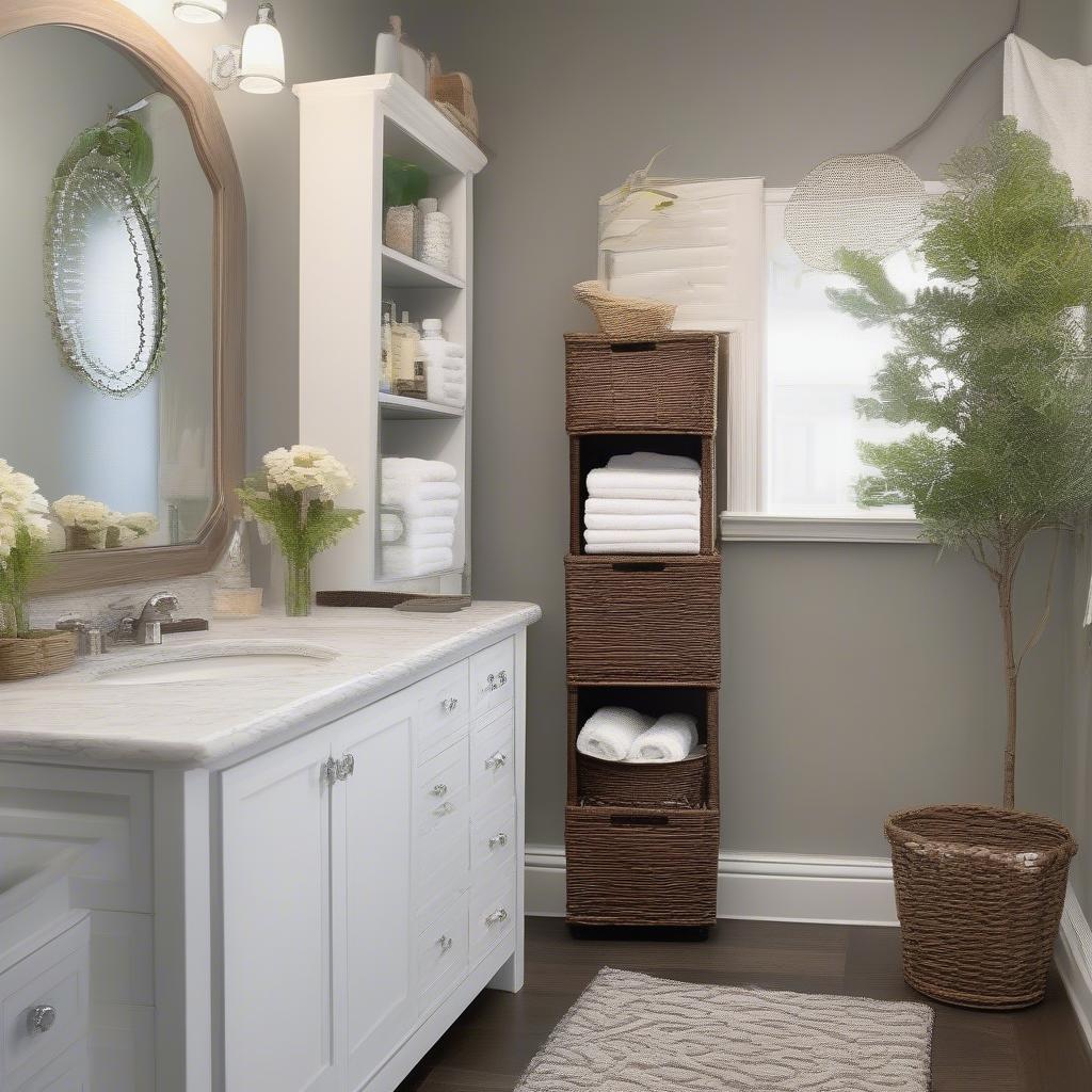 A bathroom with a stylishly integrated wicker storage tower, complementing the overall decor.