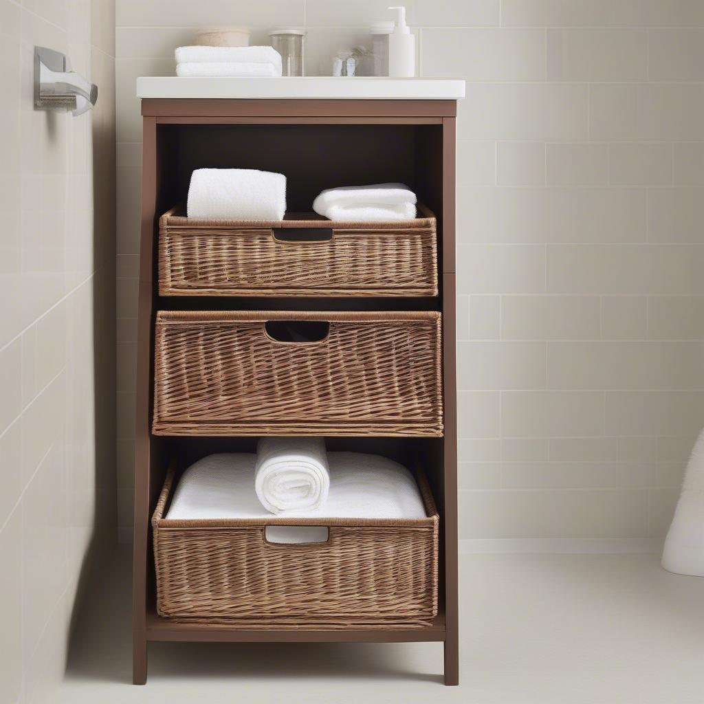 A bathroom wicker storage tower neatly organized with towels, toiletries, and other bathroom essentials.