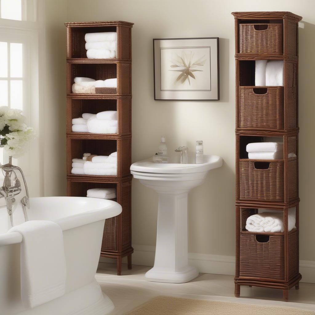 Various styles of bathroom wicker storage towers, showcasing different sizes, shapes, and colors.