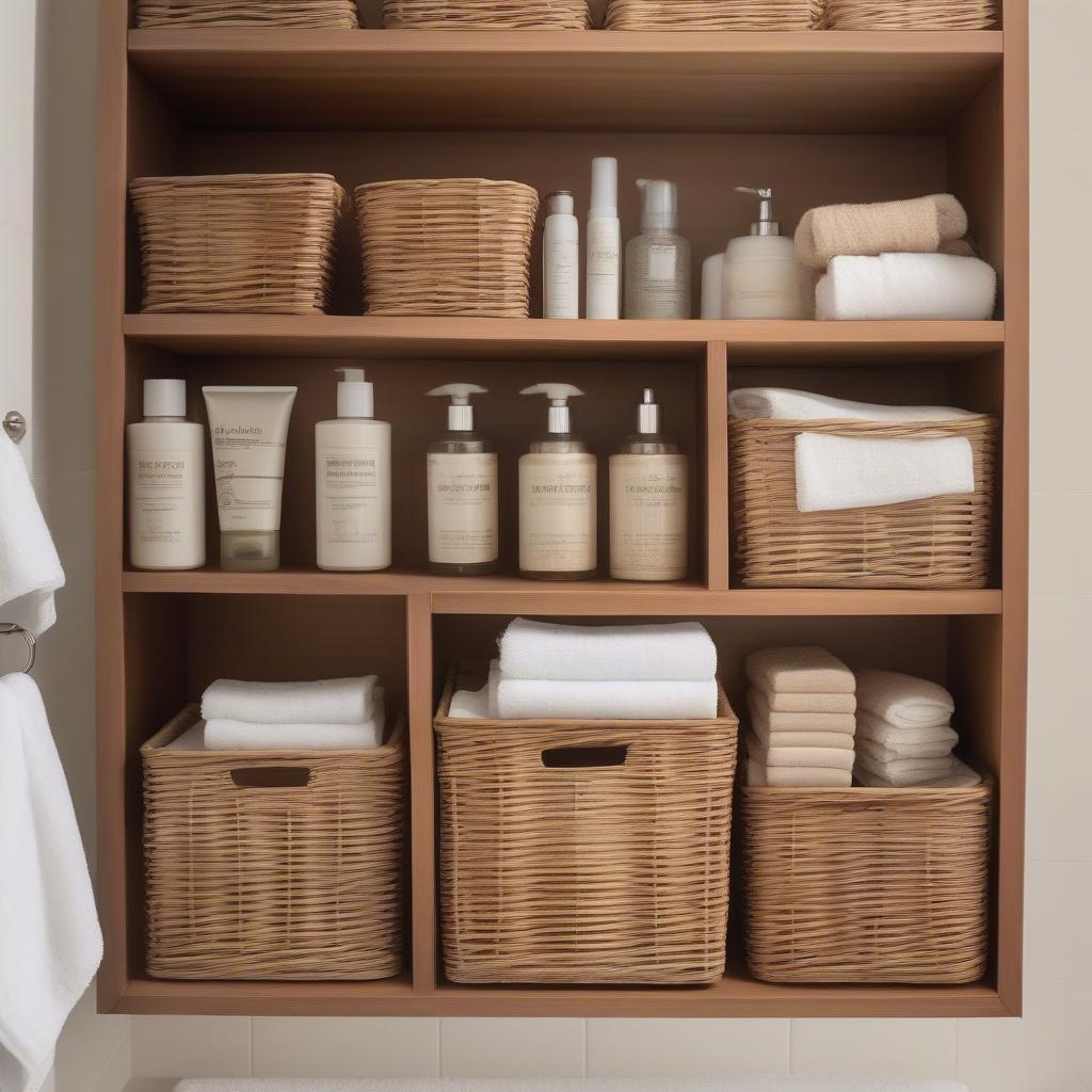 Bathroom wicker wall cabinet provides ample storage space.