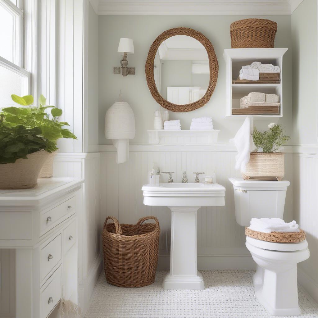 Beadboard wicker basket cabinet in a bathroom setting