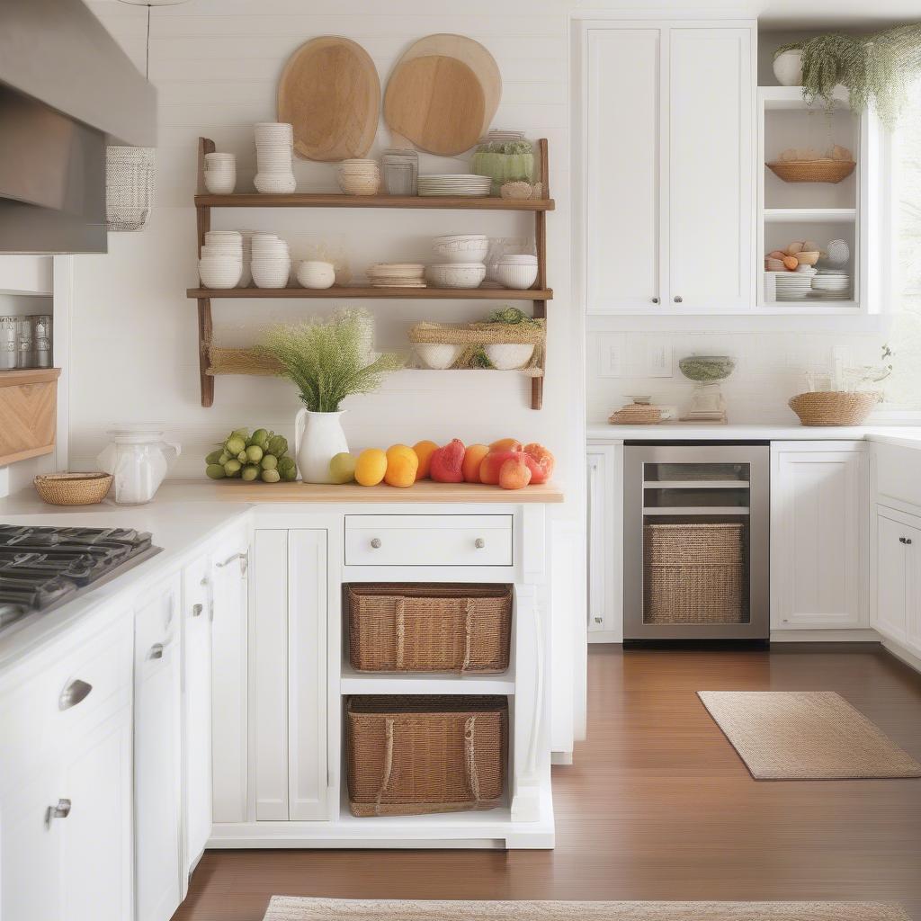 Beadboard wicker basket cabinet in a kitchen setting