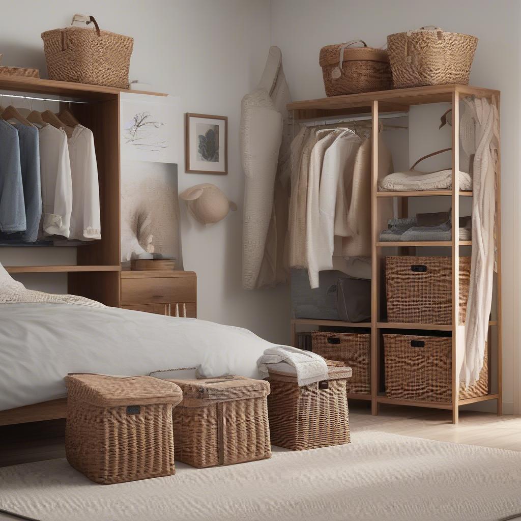 Bedroom Organization with Wicker Baskets