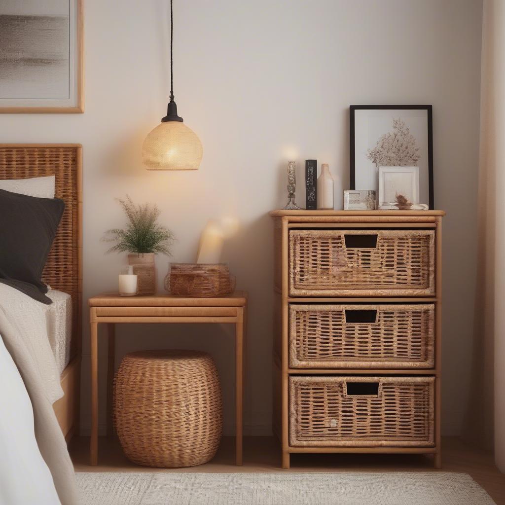 A bedroom featuring a wicker drawer storage unit, highlighting its role in creating a relaxing and organized space.