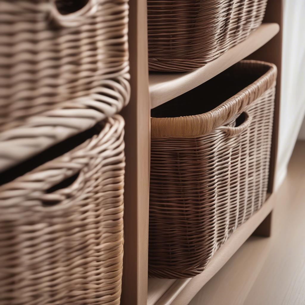 Close-up of the wicker baskets in the Bentley Home storage cabinet, highlighting their intricate weave and spacious interiors.